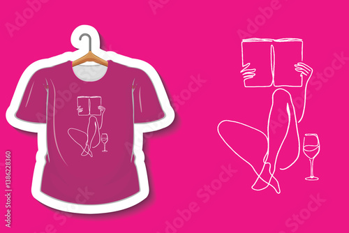 Pink T-Shirt With Artistic Design of Woman Reading and Drinking Wine