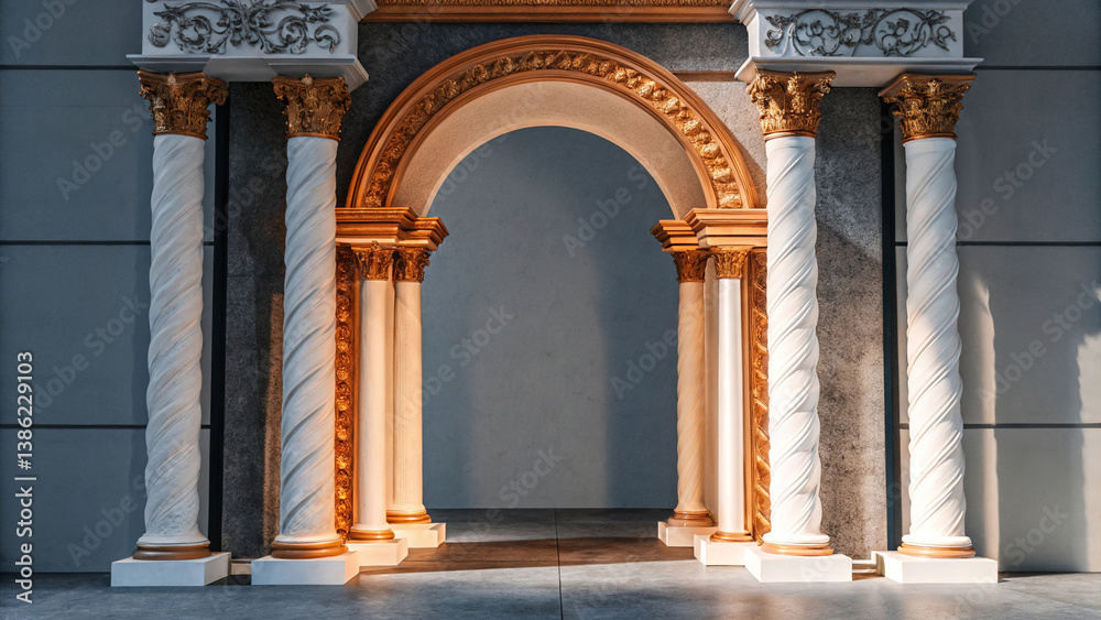 Antique arch with richly decorated snow-white columns with golden stucco isolated on white background, wedding mood, wedding venue for ceremony