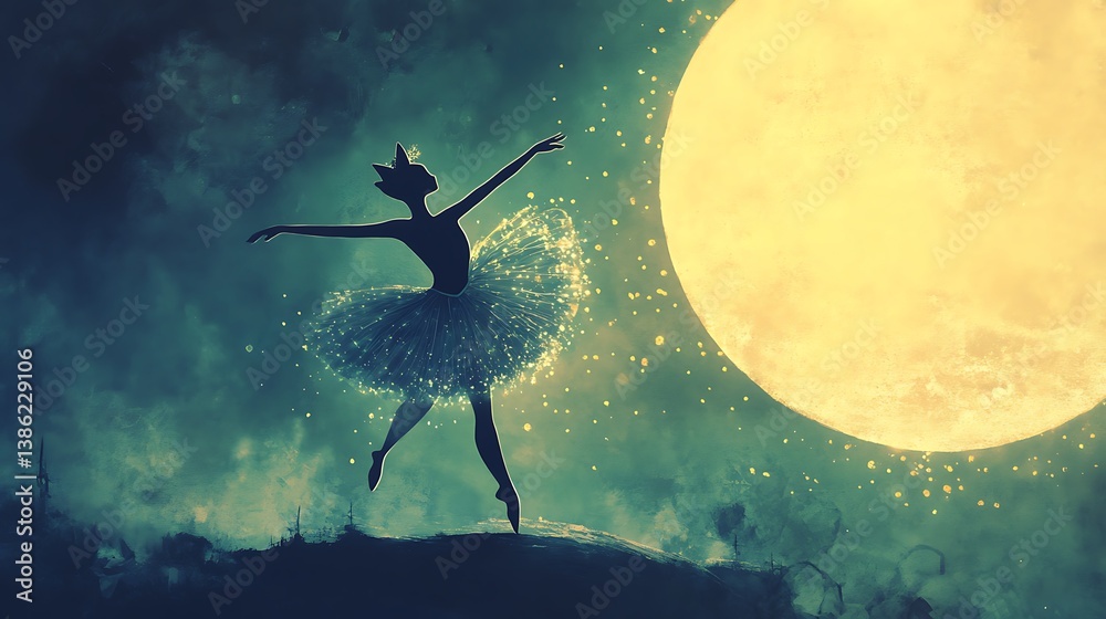 A Ballerina Silhouetted Dancing Underneath A Bright Yellow Moon