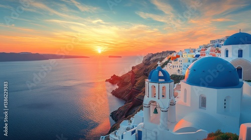 Sunset over Oia, Santorini: A breathtaking view of the Aegean Sea and iconic blue-domed churches.