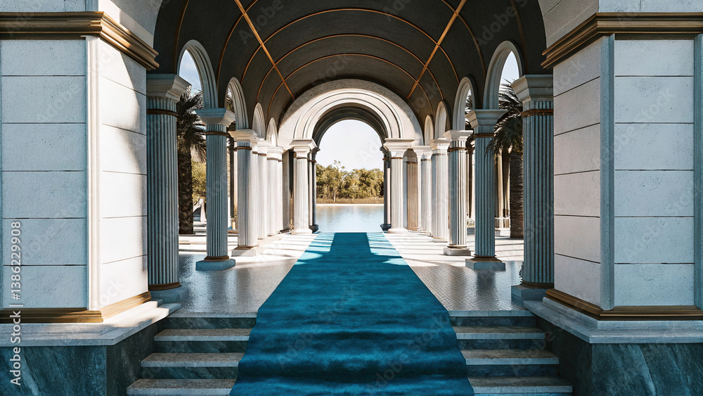 Antique arch with richly decorated snow-white columns with golden stucco isolated on white background, wedding mood, wedding venue for ceremony