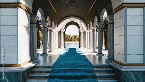 Obraz na płótnie Antique arch with richly decorated snow-white columns with golden stucco isolated on white background, wedding mood, wedding venue for ceremony w salonie