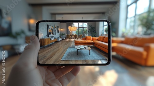 Smartphone displaying virtual tour of modern living room.