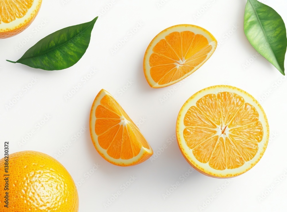 Obraz premium Fresh Cut Oranges and Green Leaves on White Background Still Life