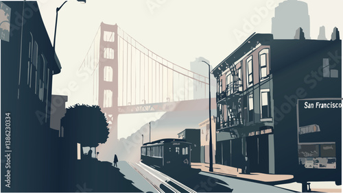San Francisco with Scenic Hilly Streets and Golden Gate Bridge in Digital Drawing.eps