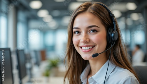 Call center telemarketing young woman smiling