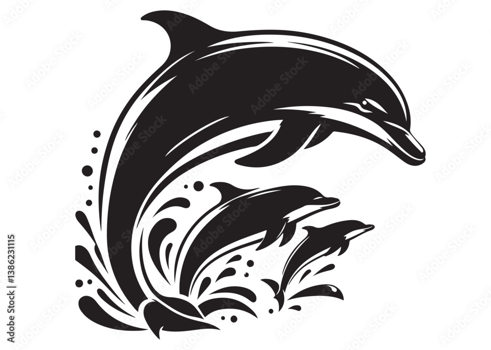 Naklejka premium dolphin logo design vector silhouette illustration, dolphin logo icon silhouette, black silhouette of a dolphin jumping, a silhouette black and white dolphin on white background