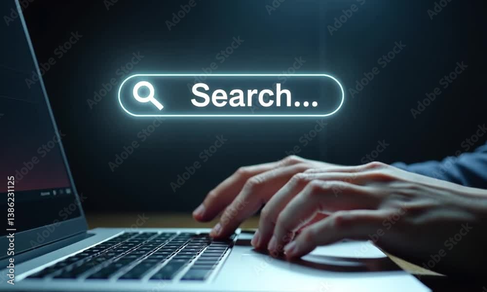 SEO search engine optimization concept, marketing ranking traffic website, internet technology for business company. Businessman using laptop with search bar on virtual screen
