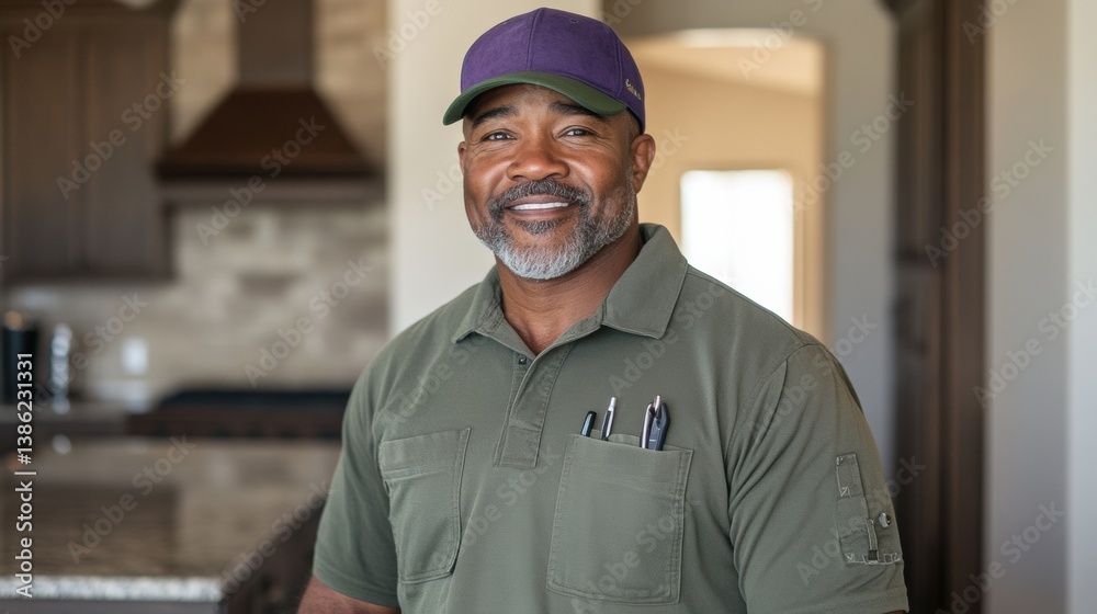 Smiling black plumber in green uniform and cap standing in modern kitchen with tools nearby. Smiling black plumber in green uniform and cap standing in modern kitchen with tools nearby.