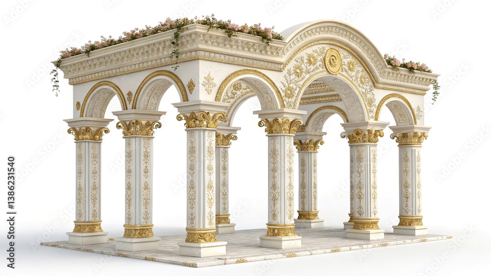 Antique arch with richly decorated snow-white columns with golden stucco isolated on white background, wedding mood, wedding venue for ceremony