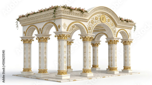 Obraz na płótnie Antique arch with richly decorated snow-white columns with golden stucco isolated on white background, wedding mood, wedding venue for ceremony w salonie