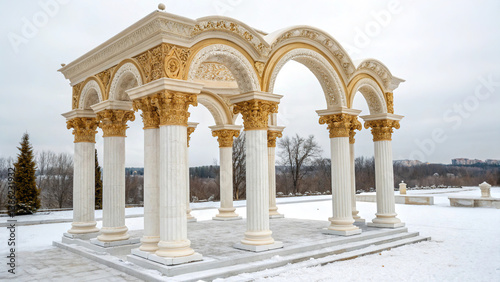 Obraz na płótnie Antique arch with richly decorated snow-white columns with golden stucco isolated on white background, wedding mood, wedding venue for ceremony w salonie