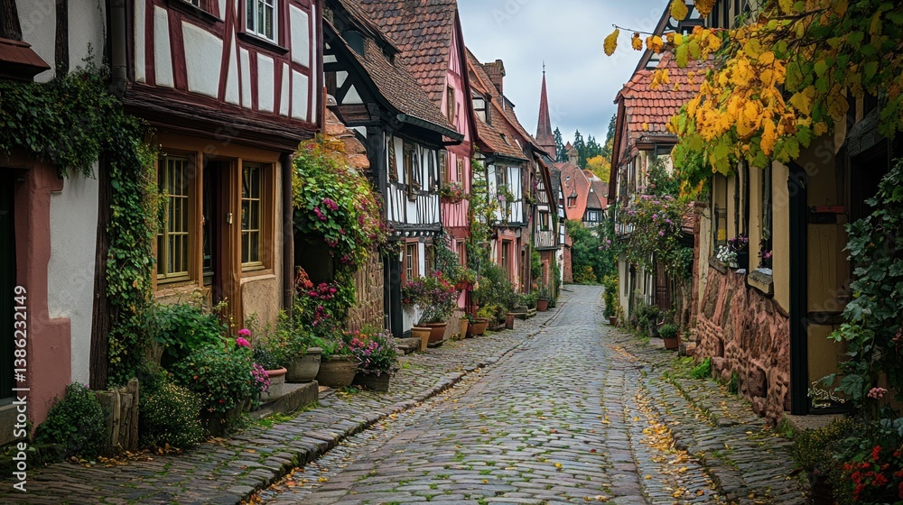Fototapeta premium Charming Cobblestone Street in a Quaint European Village