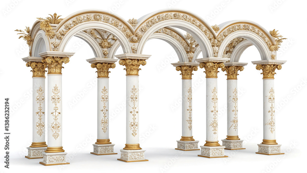 Antique arch with richly decorated snow-white columns with golden stucco isolated on white background, wedding mood, wedding venue for ceremony