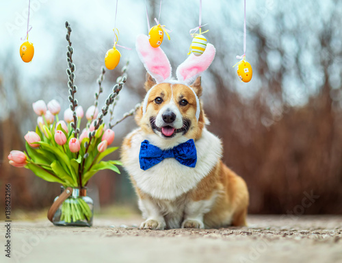 cute corgi dog wearing Easter bunny ears and bow tie sitting in garden among ...