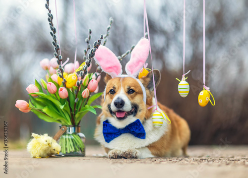 cute corgi dog in Easter pink bunny ears and bow tie lying in spring garden a...
