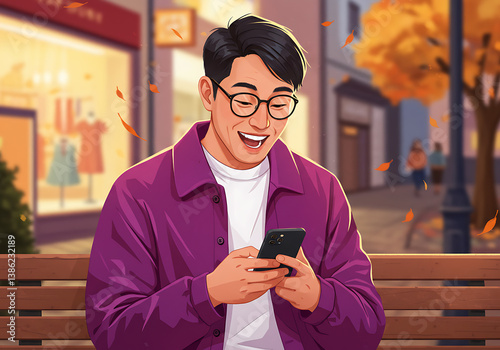 Happy asian man using smartphone on bench in autumn city street scene