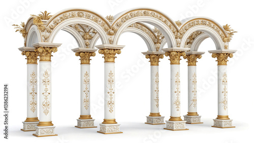 Antique arch with richly decorated snow-white columns with golden stucco isolated on white background, wedding mood, wedding venue for ceremony