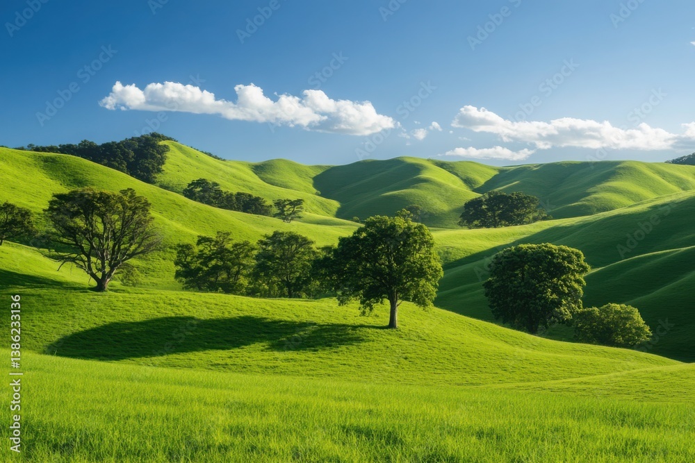 Fototapeta premium Lush green hills with scattered trees under a clear blue sky, showcasing serene nature