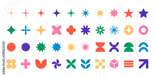 Geometric abstract elements shapes, star, flower, circle, and other brutal figure in retro vibrant colors. Vector illustration