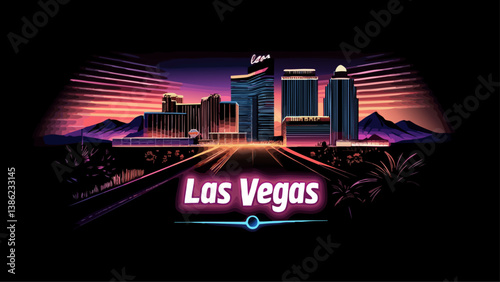 Las Vegas with Iconic Casinos and Neon Lights in Vector Art