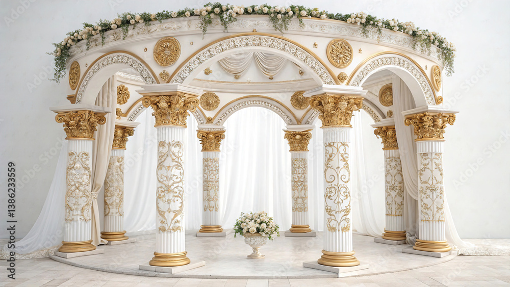 Antique arch with richly decorated snow-white columns with golden stucco isolated on white background, wedding mood, wedding venue for ceremony