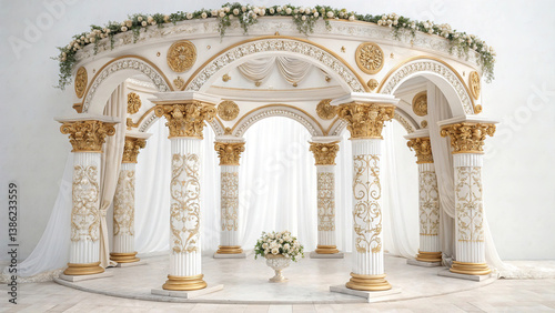Obraz na płótnie Antique arch with richly decorated snow-white columns with golden stucco isolated on white background, wedding mood, wedding venue for ceremony w salonie