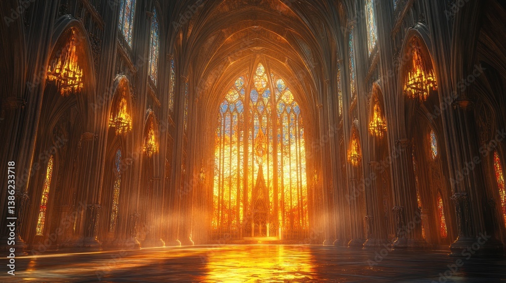 Fototapeta premium Golden Cathedral: A Sunset Symphony in Stone and Glass