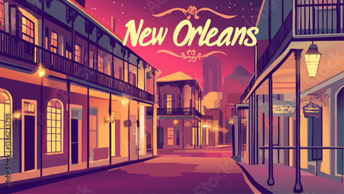 New Orleans with Jazz Music and French Quarter in Vector Art