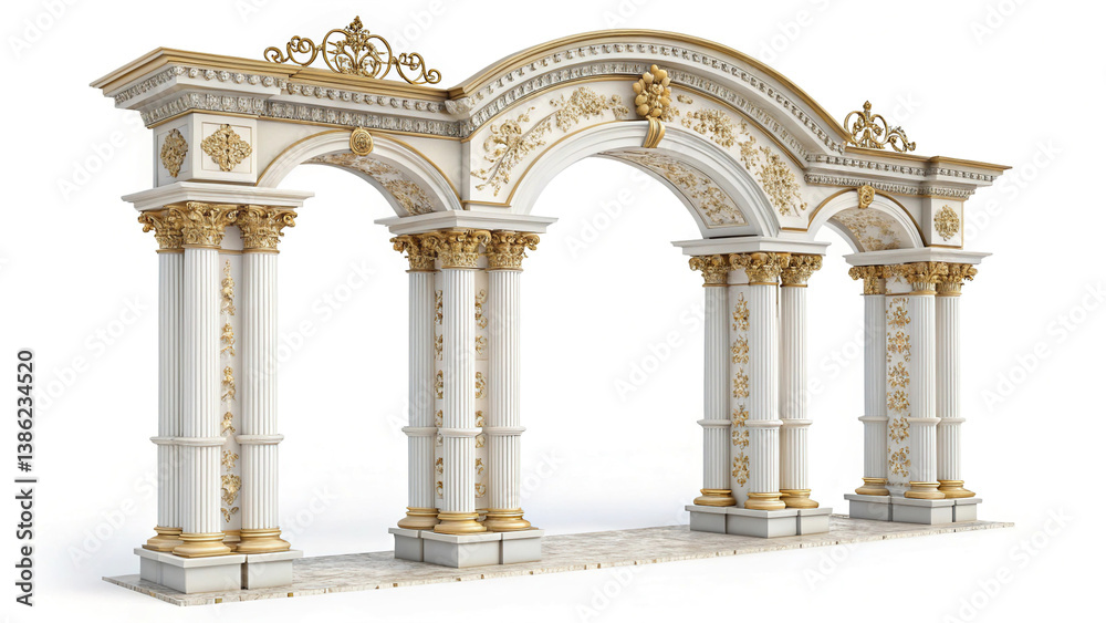 Antique arch with richly decorated snow-white columns with golden stucco isolated on white background, wedding mood, wedding venue for ceremony