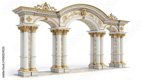 Obraz na płótnie Antique arch with richly decorated snow-white columns with golden stucco isolated on white background, wedding mood, wedding venue for ceremony w salonie