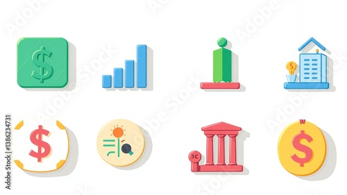 Financial Business Icons Set Modern Flat Design Colorful Graphics bank data coin money chart asset