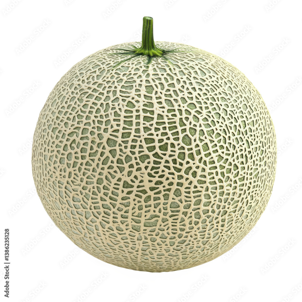 Whole cantaloupe with netted skin on transparent background in closeup Whole cantaloupe with netted skin on transparent background in closeup