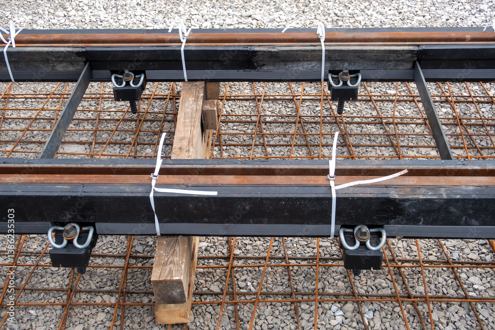 close-up of railway tracks being constructed or repaired