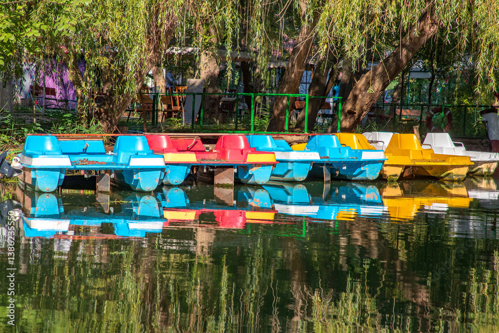 Beautiful view of moored pedal boats and a tropical forest