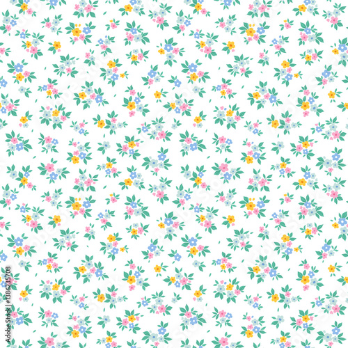 Cute floral background. Easter spring Floral pattern with small pink, yellow and blue flowers on a white background. Seamless pattern for design and fashion prints. Ditsy style. Stock vector 