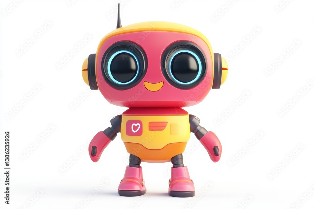 Cute Cartoon Robot Standing with Big Eyes and Antenna Against White Background Cute Cartoon Robot Standing with Big Eyes and Antenna Against White Background