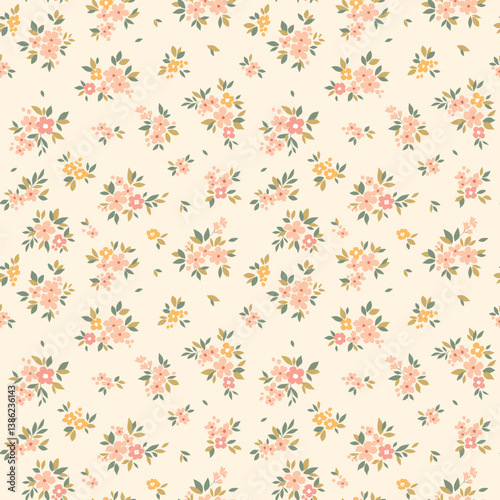 Beautiful floral pattern in small vintage flowers. Small light pastel flowers. Ivory background. Ditsy print. Floral seamless background. Delicate template for fashion prints. Stock pattern.