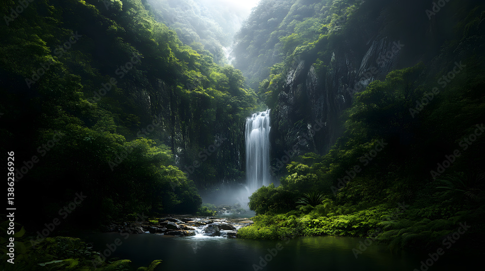 A majestic waterfall surrounded by high cliffs and a tranquil mountain stream, with lush vegetation growing along the water’s edge. A majestic waterfall surrounded by high cliffs and a tranquil mountain stream, with lush vegetation growing along the water’s edge.