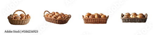 Assorted bread baskets with crusty loaves on display. Set png cut out