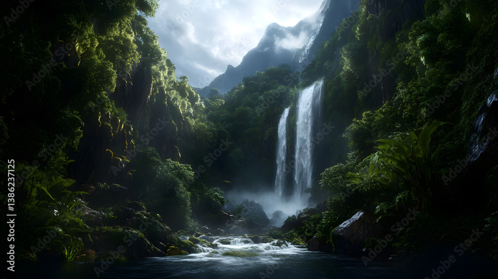 Fototapeta premium A majestic waterfall surrounded by high cliffs and a tranquil mountain stream, with lush vegetation growing along the water’s edge.