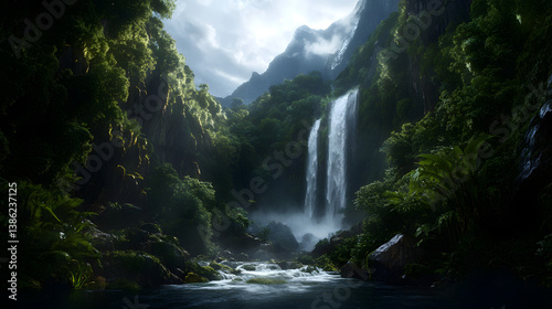 A majestic waterfall surrounded by high cliffs and a tranquil mountain stream, with lush vegetation growing along the water’s edge.
