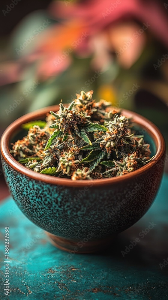 Fototapeta premium Close-up of Marijuana Buds in a Teal Bowl