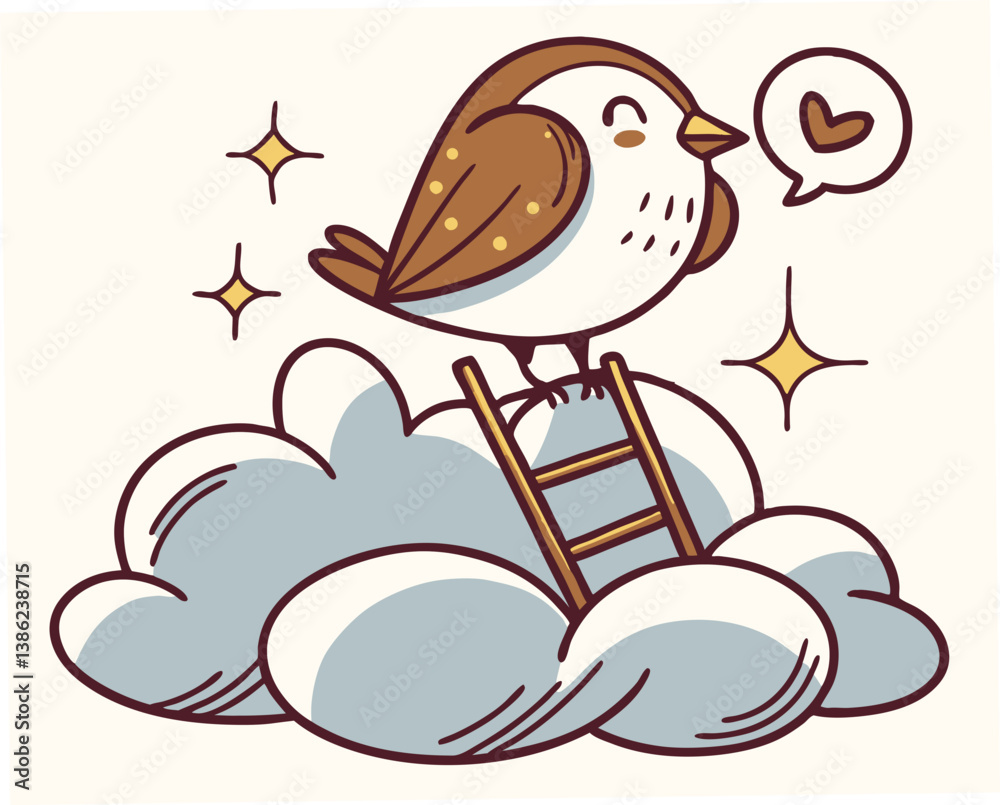 Fototapeta premium Cute cartoon bird expressing love on a fluffy cloud 