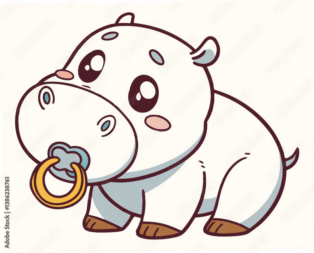 Cute Kawaii Chibi Hippo with Pacifier on Simple Background Cute Kawaii Chibi Hippo with Pacifier on Simple Background