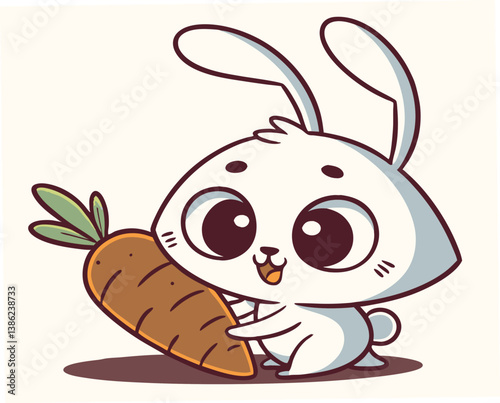 Cute kawaii chibi rabbit enjoying a carrot against a light background  
