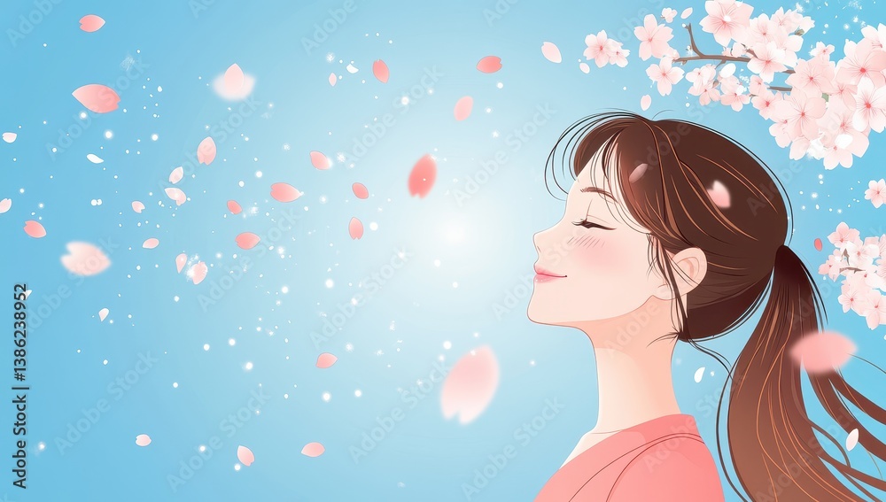桜の花と女子生徒 桜の花と女子生徒