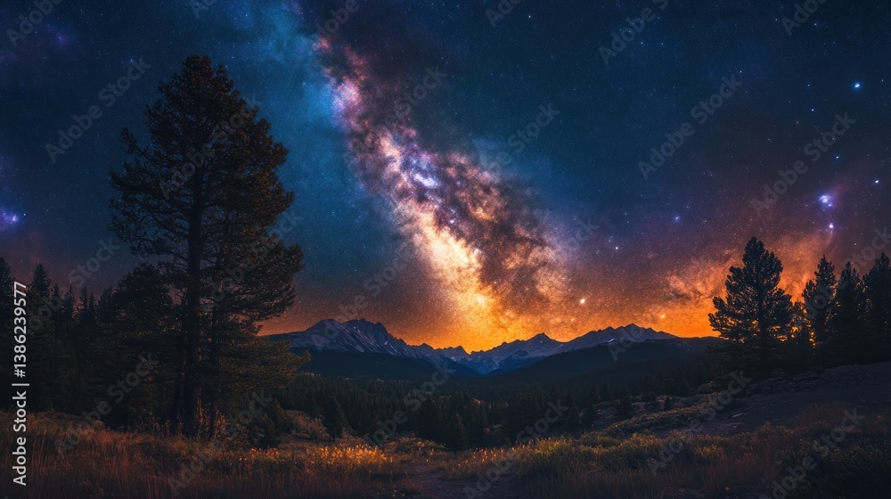 Fototapeta premium Majestic Milky Way Galaxy over Mountain Range at Night