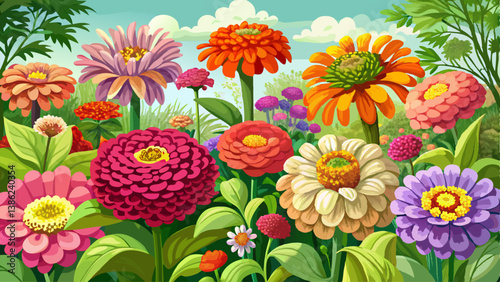 Many colorful zinnia flowers blooming in garden. Lush arrangement of flowers. Floriculture.