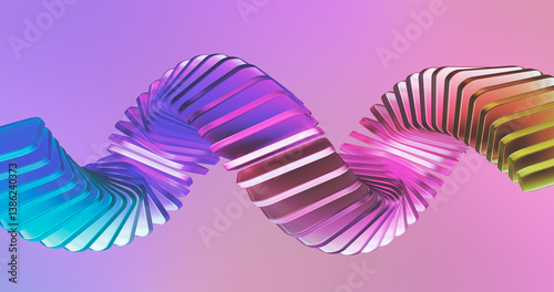 3d rendering. Interwoven ribbons with smooth transitions from blue and purple to pink, red, and yellow, creating a 3D abstract shape. The background complements the main gradient 